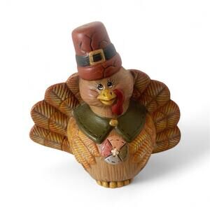 Vintage Thanksgiving Turkey Pilgrim Figurine Ceramic In Hat 4" Anthropomorphic